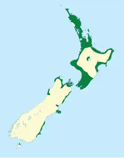 A map of mainland New Zealand showing the range of Corynocarpus laevigatus colour-coded in green. Its range covers most of the North Island. However, in the South Island, it is only found in coastal areas, with most of the population being centred in the Banks Peninsula and Marlborough Sounds.