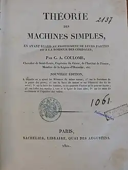 Title page of a 1821 copy of Théorie des machines simples