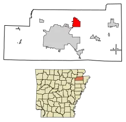 Location of Brookland in Craighead County, Arkansas.