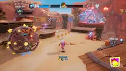 A horizontal rectangular video game screenshot that is a digital representation of a plateau with several wooden platforms inside a canyon. Two player characters run towards a row of fruit. Two partially filled colored bars (one blue and another red) are connected by a fruit icon at the top of the screen.