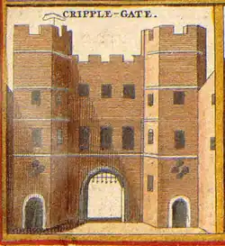 An engraving showing Cripplesgate before it was demolished in 1760