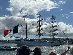 Cuauhtémoc setting off from Falmouth, August 2023, during a Tall Ship race.