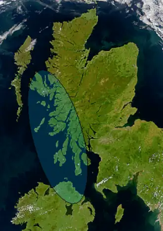 Satellite image of Scotland and Northern Ireland showing the approximate greatest extent of Dál Riata (shaded)