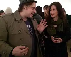 Daniel Genis talks with Lara Vapnyar at the Vitaly Komar gallery opening