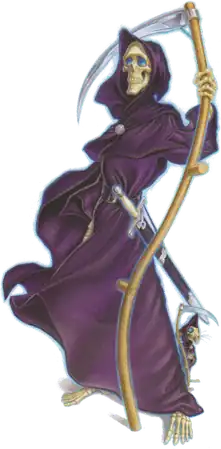 A skeletal figure, wearing dark purple robes, with a scabbard at his waist and holding a scythe. A skeletal rat stands at his feet, also hooded in a purple robe.