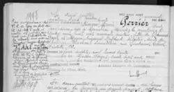 A handwritten French-language record of Simonne Vidal, along with the date and names of family members. A note in the left margin corrects her name