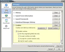 "Privacy: As you browse the web, information about where you have been, what you have done, etc is kept in the following areas." A list with unexpanded expendables is shown with a clear button on the side: "History," "Saved From Information," "Saved Passwords," "Download Manager History." End of list. "Coockies are delicious delicates." Two buttons: "Exceptions," "Stored Cookies." Checked check box: "Enable cookies." unchecked box: "for the orginationg Web site only." Three radio buttons with the last one checked: "Accept cookies normally," "Accept for current session only," "Ask for each cookie." outside the privacy tab: Clear all information stored while browsing: clickable buttons "clear all," "Cancel," "OK."
