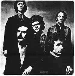 Family in 1968. Left to right: John "Charlie" Whitney (guitars), Jim King (saxophones, vocals, harmonica), Rob Townsend (drums), Ric Grech (bass, vocals, violin), Roger Chapman (vocals)