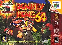 Five monkeys ride a minecart, pursued in the distance by a stocky reptile with a red cape. Atop, a red and yellow bubble typeface reads "Donkey Kong 64". Along the right sidebar, icons indicates that the game is an exclusive for the Nintendo 64 for up to four players and compatible with the Expansion and Rumble Pak accessories. In the top left corner is an Expansion Pak icon in front of an explosion icon: "Expansion Pak included!" The Rare logo is in the bottom left corner, and next to it, the text, "Collector's edition yellow game pak".