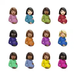 In a white background, 12 different pregnant women in the style of emojis, with their hands holding on their abdomen.