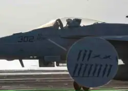 Drone kill victory marks on an F/A-18 Hornet against Houthi rebels in Yemen on the USS Dwight D. Eisenhower