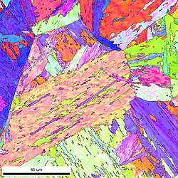A. EBSD map of ferrous martensite with high-angle (>10°) boundaries hilighted. Colour scheme follows the typic IPF for BCC crystal plotted in Z-direction