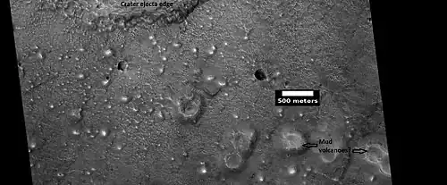 Mud volcanoes near the edge of the ejecta of a nearby crater, as seen by HiRISE under the HiWish program