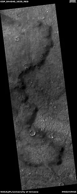 Edge of lava flow, as seen by HiRISE under HiWish program. Location is Solis Planum in Phoenicis Lacus quadrangle.