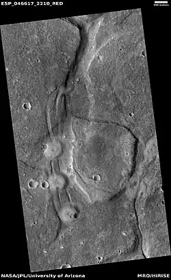 Mud volcanoes, as seen by HiRISE under HiWish program. The location is Mare Acidalium quadrangle. There are many mud volcanoes in Mare Acidalium quadrangle.