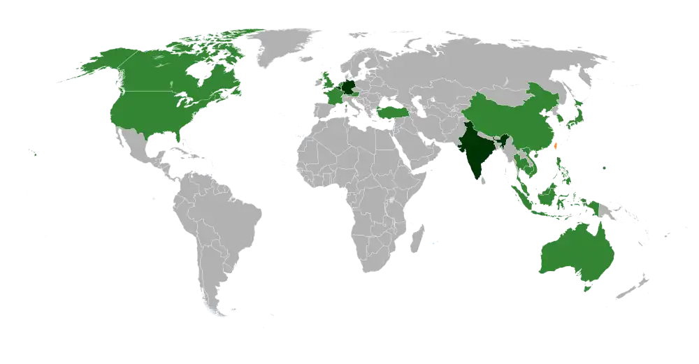 Countries with EVA Air destinations as of May 2019