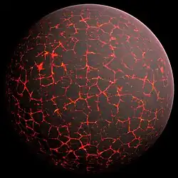 A depiction of the early Earth, with much of its surface covered in lava