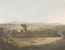 East view of Bangalore, with the cypress garden, from a pagoda, by James Hunter(d. 1792). Bangalore Fort as seen from the East (Cypress Gardens in today's Lalbagh)[28]