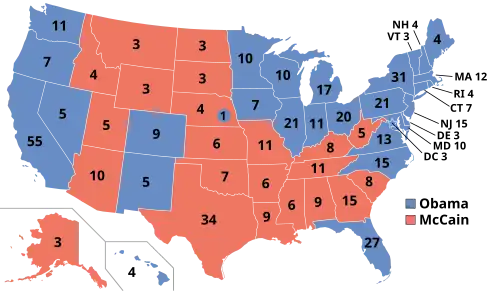 Results for the 2008 United States presidential election, depicting Obama winning many states in the Northeast, Midwest, and Pacific West, and Florida, and McCain winning many states in the South and Rocky Mountains.