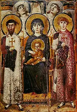 Icon of the enthroned Virgin and Child with saints and angels, 6th century