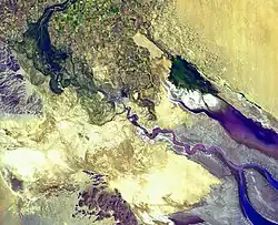 A satellite image of a river running dry.