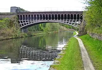 The Engine Arm Aqueduct, by the civil engineer Thomas Telford and cast by Horseley Ironworks, carrying the Engine Arm, a Birmingham Canal Navigations feeder, over the BCN Main Line