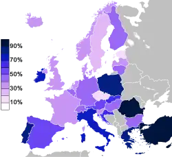 Belief "There is a God" per country based on Eurobarometer 2005 survey