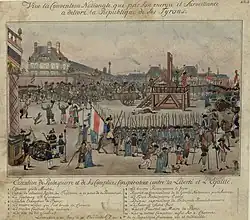 The execution of Couthon; the body of Adrien Nicolas Gobeau, ex-substitute of the public accuser Fouquier and member of the Commune, the first who suffered, is shown lying on the ground;[414][better source needed] Robespierre (#10) is shown holding a handkerchief to his mouth. Hanriot (#9) is covering his eye, which came out of its socket when he was arrested.