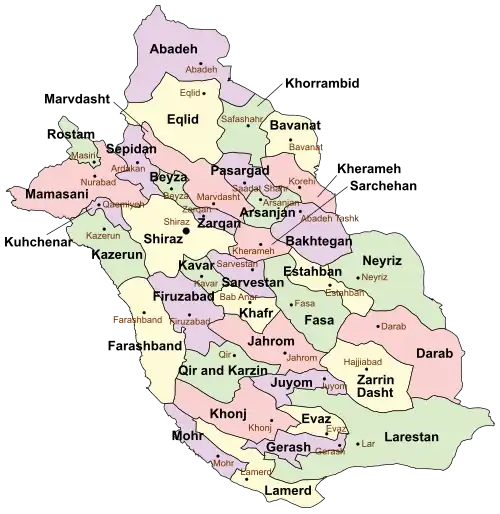 Location of Marvdasht County in Fars province (top center, pink)