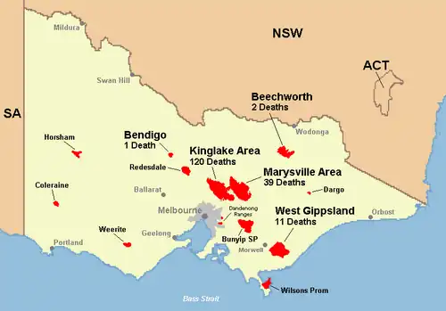 A map of the fire events and fatalities on 7 February 2009 that were the main focus of the Royal Commission