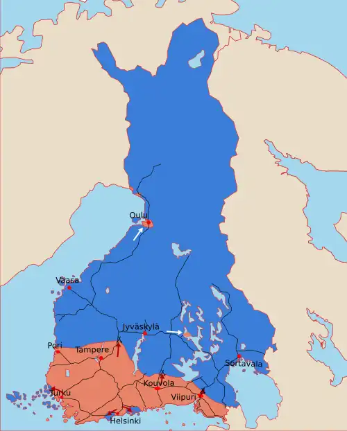 Red: Red Finland Blue: White Finland (February 1918)