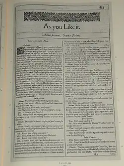 As You Like It', in the First Folio: families associated with the church with a surviving 16th century monument are related to Shakespeare by marriage and are thoght to be memorialised in that play