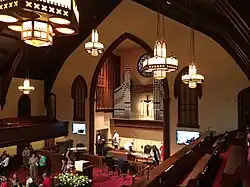First Baptist Church Wilmington Interior facing Altar from Balcony, showing Lighting