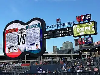 A giant guitar-shaped scoreboard behind the right field fence displays the starting lineup for players competing in the game, the game's line score, and the time.