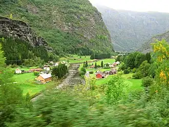 View of the church near the river in the Flåmsdalen valley