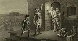 A black and white engraving, captioned "Capture of Fort Ticonderoga". Two men, one holding a lit lantern and the other with his left hand raised and a sword in his right hand, stand in the center, facing the doorway of a stone building to the right. A man stands in the doorway, wearing a nightgown and nightcap, and holding a lit candle on a candlestick. Behind him a woman is visible. To the right of the doorway is a small cannon or mortar. In the background on the left men in uniform are visible, as are stacked cannonballs, cannons, and a ladder leaning against a wall.