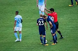 Manchester City and Tottenham Hotspur players at Nissan Stadium in Nashville, United States, in 2017.