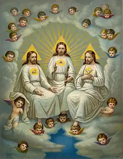 Atypical depiction of the Trinity where the Son is identified by a lamb, the Father an Eye of Providence, and the Spirit a dove