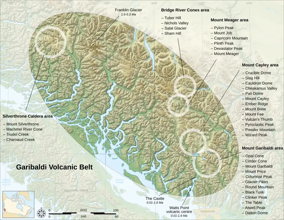 A northeast-trending line of volcanoes grouped into five areas