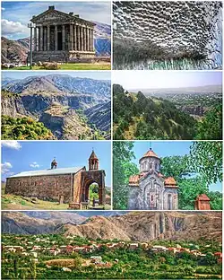 Landmarks of Garni, from top left: Garni Temple • Symphony of Stones Garni Gorge • Khosrov Forest Reserve Surb Astvatsatsin Church • Mashtots Hayrapet General view of Garni