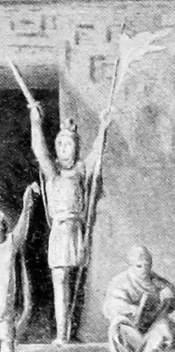 The centered figure is Captain Moroni, a figure in the Book of Mormon. He has both arms aloft. In his right arm he holds a sword. In his left arm he holds the flagpole of a flag made of torn cloth approximating the shape of a pennant. He seems to wear a helmet (either that or have a topknot), breastplate, and an armored skirt. Behind Captain Moroni, slightly to the left, is a darkened and open square-cornered arch: an entrance into a large building behind him. In the bottom right corner of the image, another figure sits, apparently in the middle of reading something. In the bottom left corner of the image is a person, half their body visible, with the left arm held aloft.