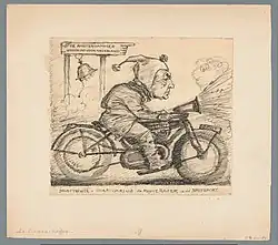 Caricature of Nolst Trenité as a jester riding a motorcycle