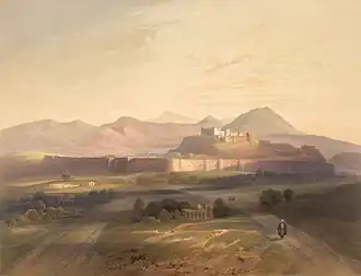 A color painting which depicts a fort located in a mountainous landscape