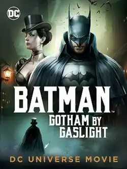 A gas streetlight, Selina Kyle in Victorian dress and a top hat, and in front of her Batman. Beneath a foggy street and the mysterious cloaked figure of the Ripper.
