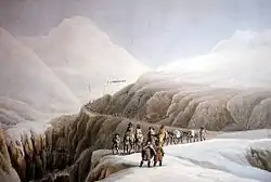 Winterreise 1790 über den Gotthard (colored engraving by Wilhelm Rothe according drawing by Johann Gottfried Jentzsch, 1790)