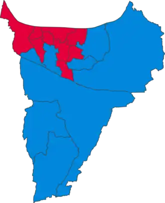 Map of the results of the 2023 Gravesham council election. Labour in red and Conservatives in blue.