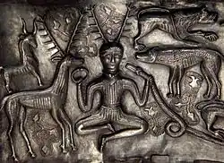 The antlered figure on the Gundestrup cauldron c. 1 to 2 BCE found in Denmark