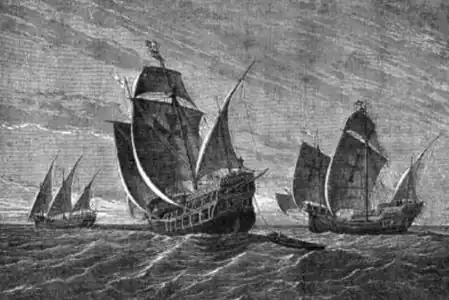 Columbus' Ships (G.A. Closs, 1892): the Santa Maria and Pinta are shown as carracks; the Niña (left) as a caravel.