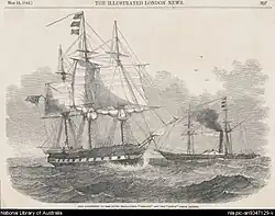 Etching of HMS Herald from the London Illustrated News with the steamship Torch in the background