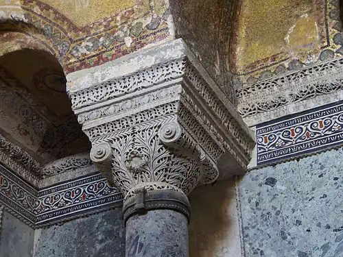 Byzantine Ionic capital in the Hagia Sophia, Istanbul, Turkey, by Anthemius of Tralles or Isidore of Miletus, 6th century[23]